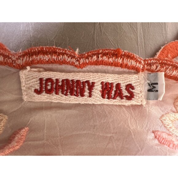 Johnny Was Sheer Pink Tunic Blouse w/Coral & Pink Embroidered Floral Design Size - Picture 7 of 8
